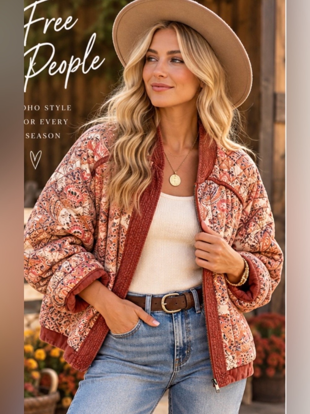 Free People Great Escape Quilted Bomber Jacket Size Large Orange Paisley Boho